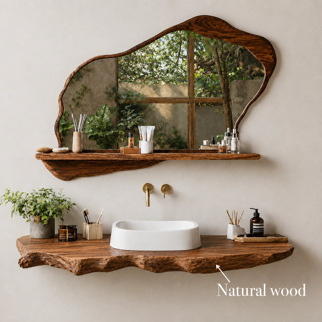 Natural Solid Wood Floating Bathroom Vanity with Sculptural Live Edge Slab
