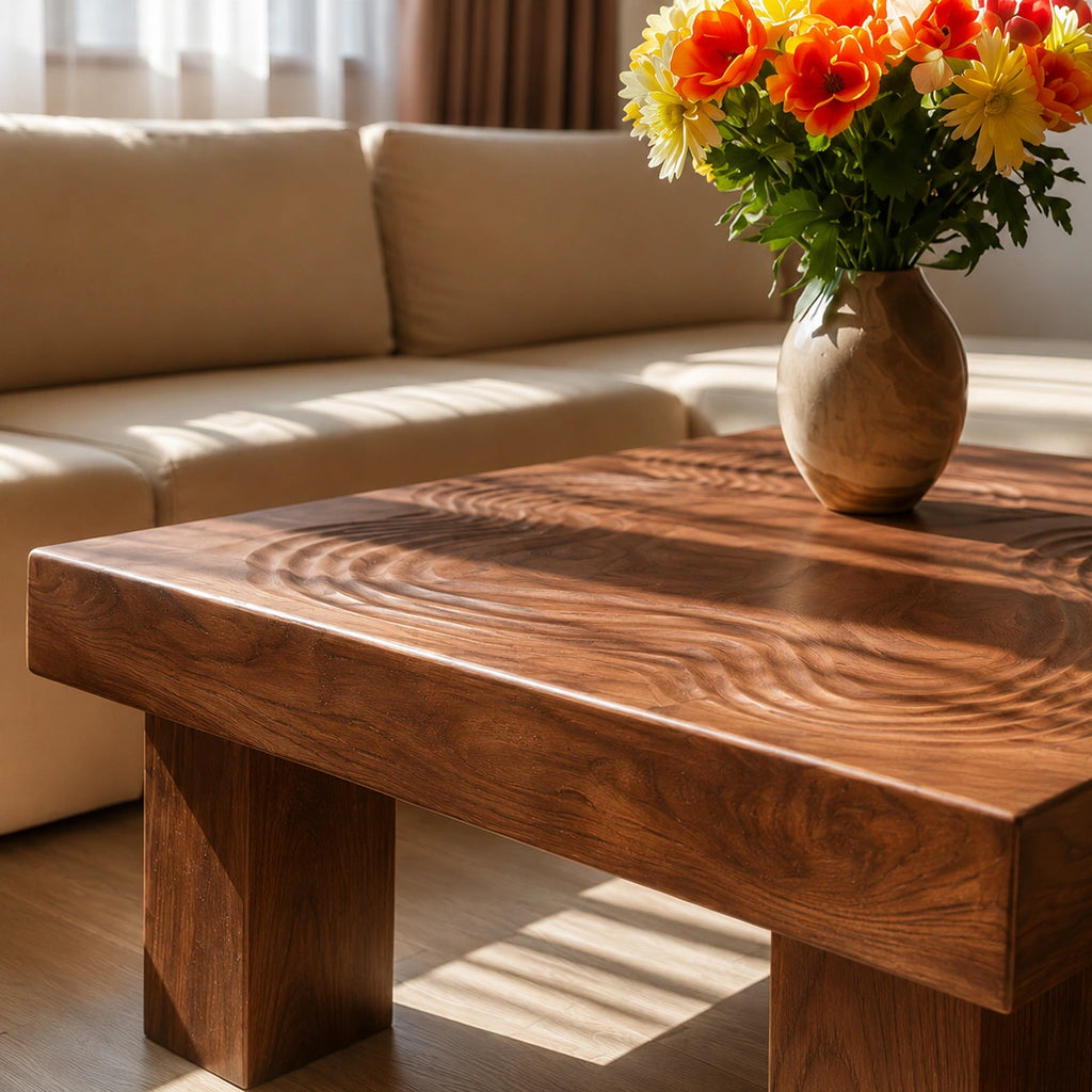 Handcrafted Solid Walnut Square Coffee Table | Sculpted Wood Grain Modern Living Room Table