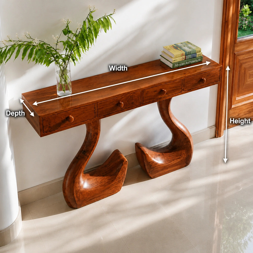 Solid Wood Console Table with Drawers and Sculptural Legs