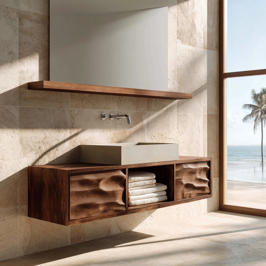 Natural Solid Wood Bathroom Cabinet with 2 Doors and Open Shelf