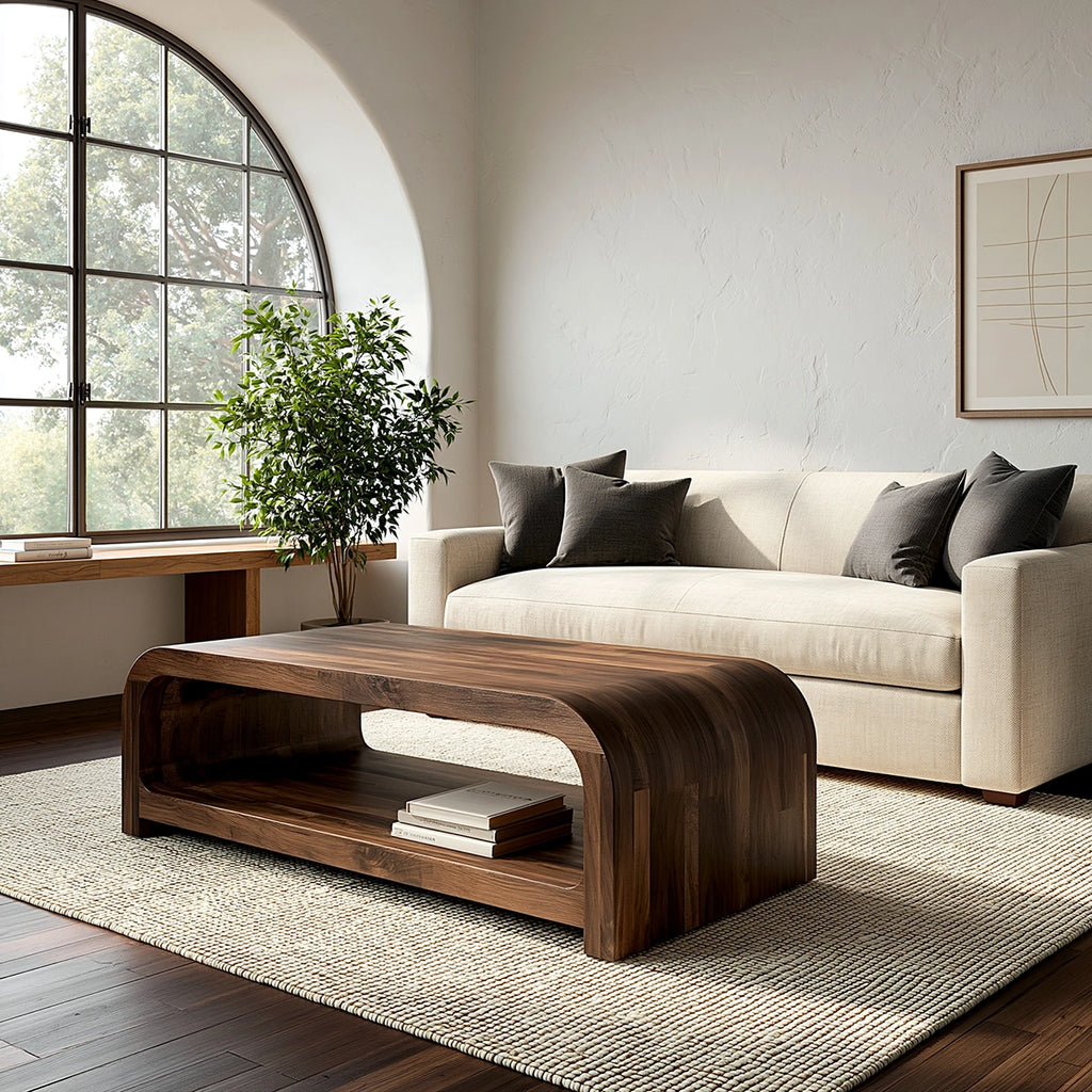 Modern Solid Walnut Waterfall Coffee Table with Open Storage | Minimalist Living Room Table