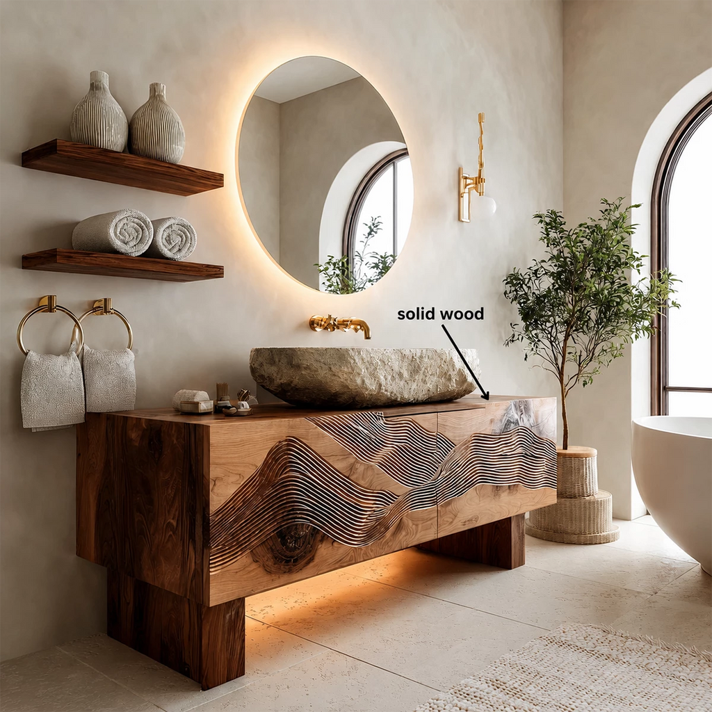 Artistic Bathroom Vanity with Layered Wave Carved Front in Natural Solid Wood