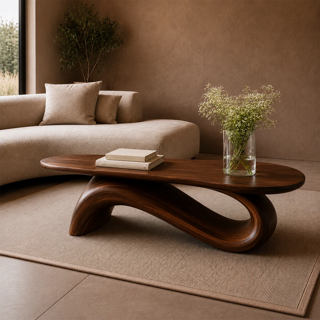 Organic Wave Wood Coffee Table – Sculptural Natural Wood Center Table for Modern Living Room