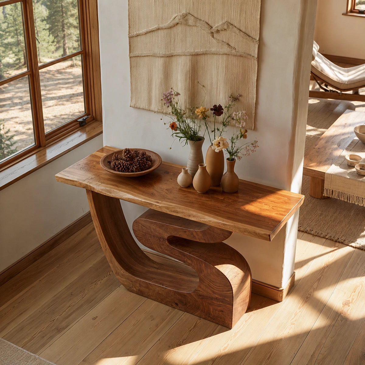 Sculptural Solid Wood Console Table with Curved Base