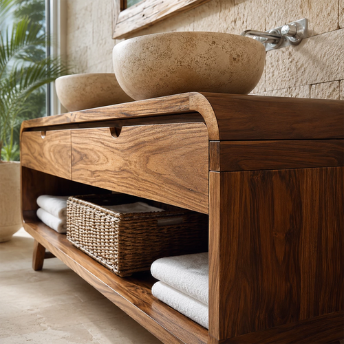 Double Sink Bathroom Vanity with Rounded Corners in Natural Solid Wood