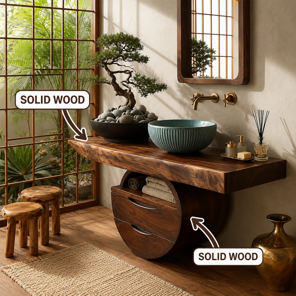 Sculptural Floating Bathroom Vanity with Curved Storage Base in Natural Solid Wood