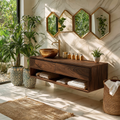 Floating Bathroom Vanity with Open Shelf and Dual Drawers in Natural Solid Wood