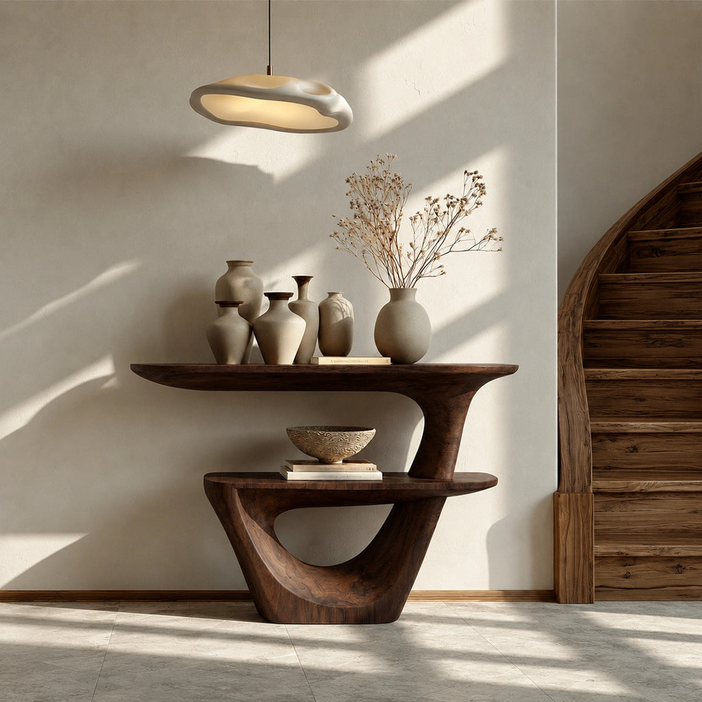 Sculptural Solid Wood Console Table with Open Shelf