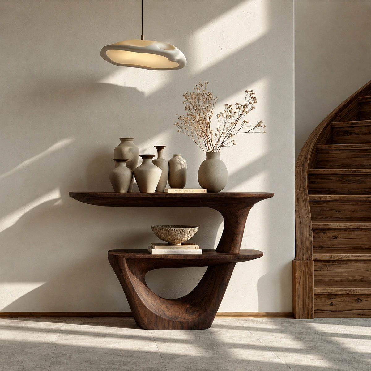 Sculptural Solid Wood Console Table with Open Shelf