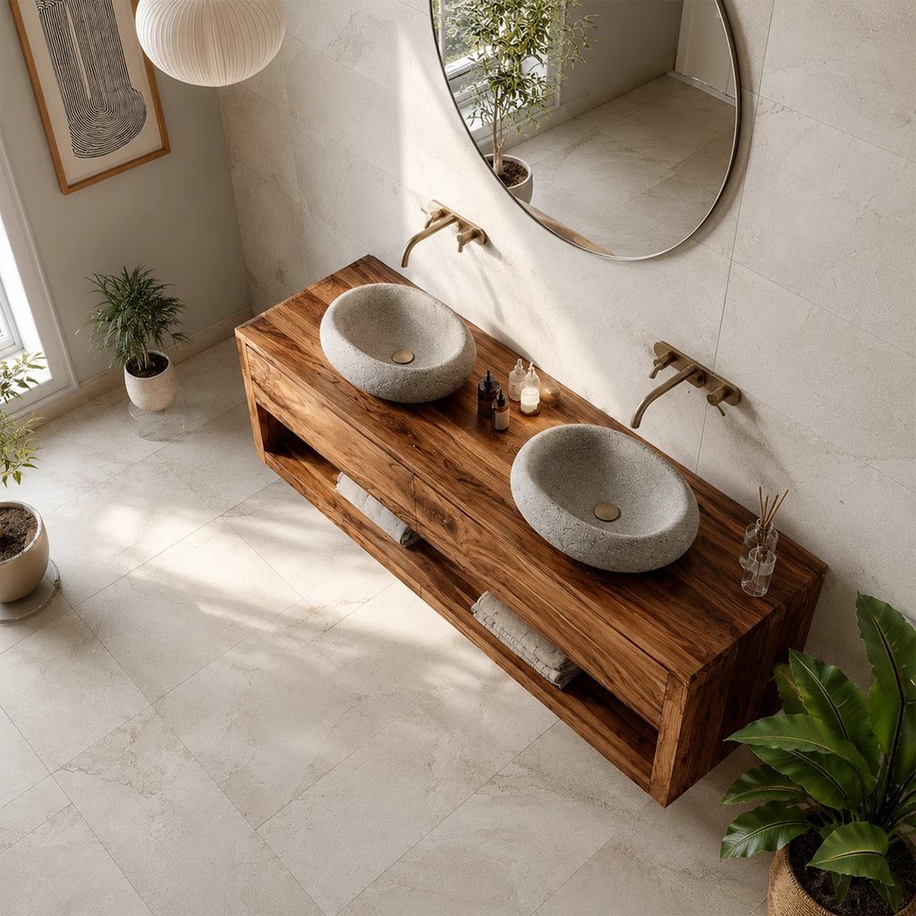 Floating Double Sink Solid Wood Bathroom Vanity with Open Shelf Storage