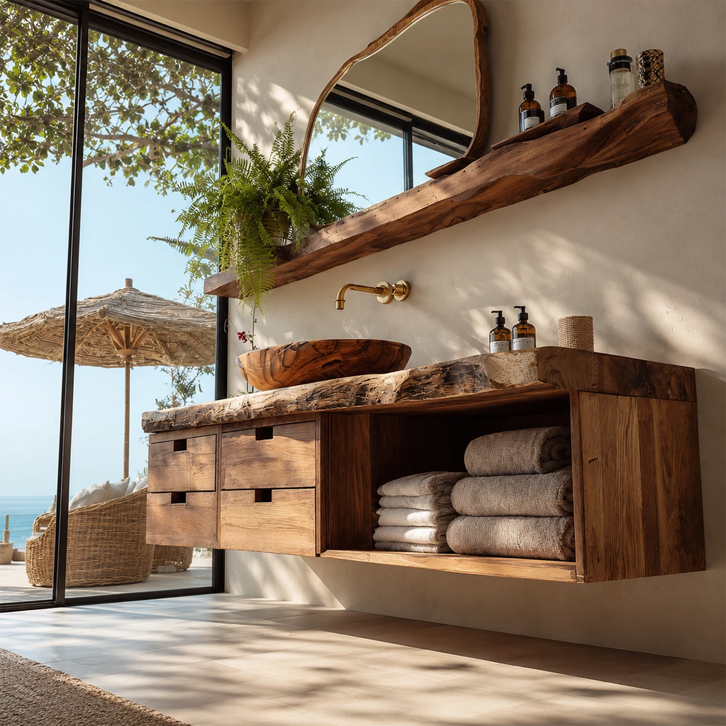 Floating Live Edge Solid Wood Bathroom Vanity with Four Drawers and Open Shelf
