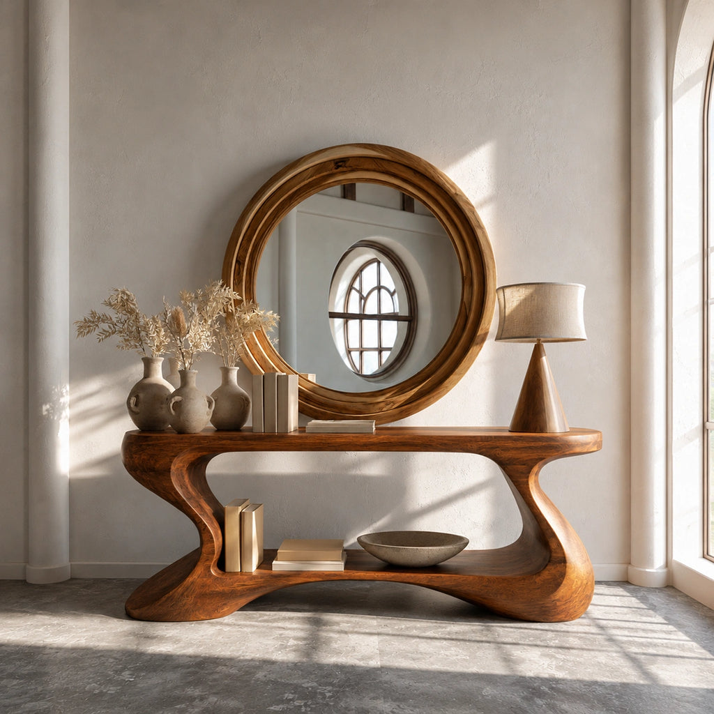 Sculptural Solid Wood Console Table with Open Shelf