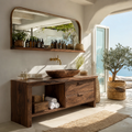 Live Edge Bathroom Vanity with Open Shelf and Dual Drawers in Natural Solid Wood