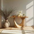 Natural Solid Wood Console Table with Sculptural Circle Base
