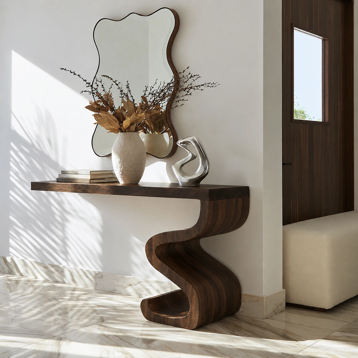 Sculptural Solid Wood Console Table with Curved Base