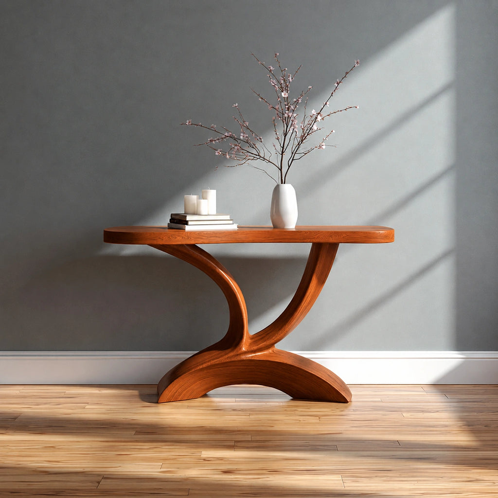 Sculptural Natural Solid Wood Console Table with Curved Pedestal Base