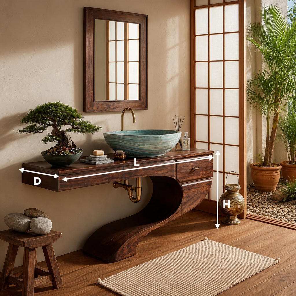 Floating Bathroom Vanity with Sculptural S-Curve Base in Natural Solid Wood