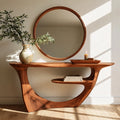 Sculptural Natural Solid Wood Console Table with Integrated Display Shelf