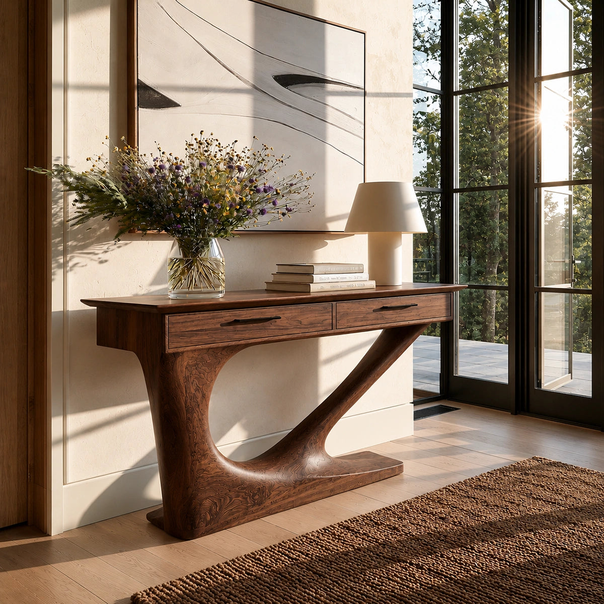 Solid Wood Console Table with Drawers and Sculptural Base