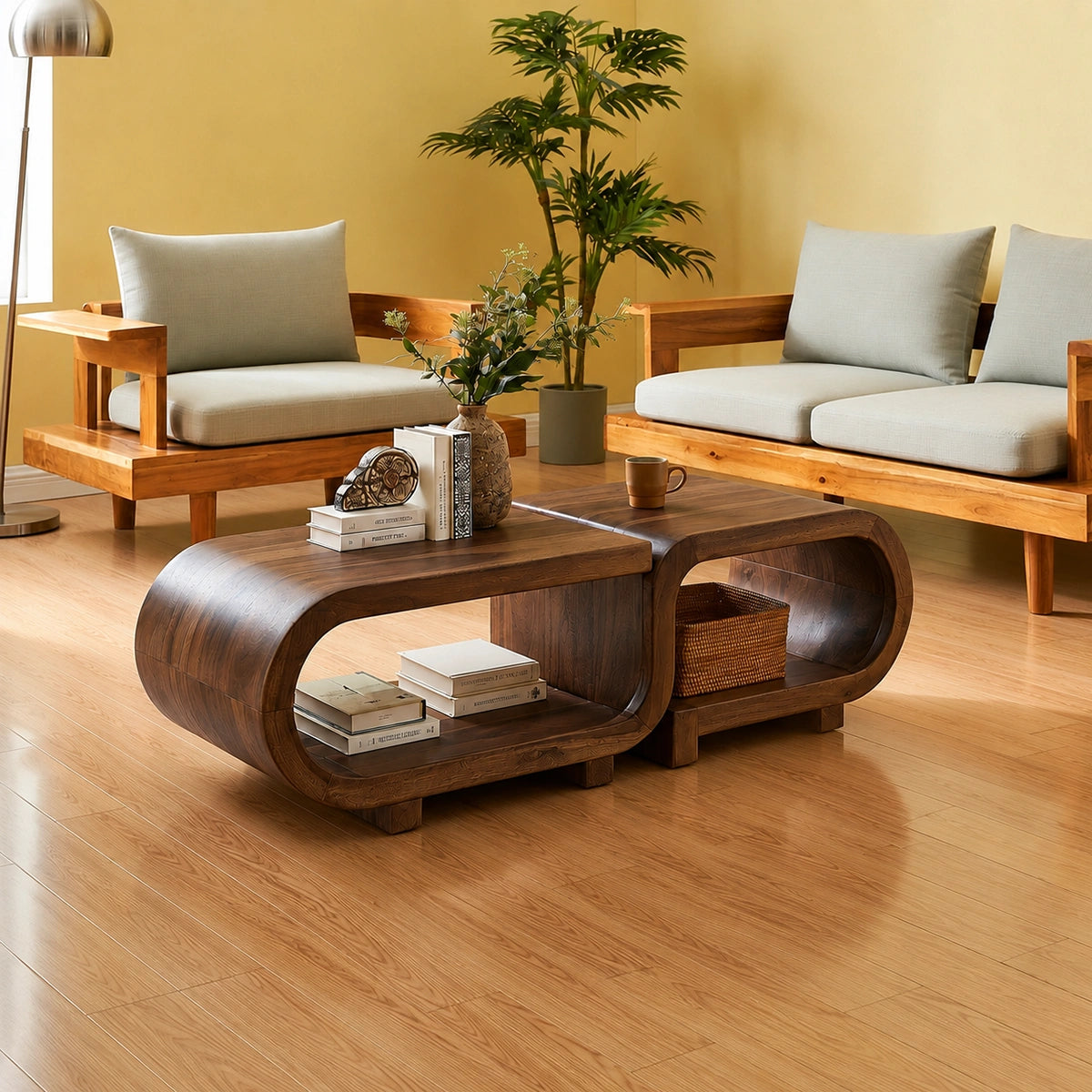 Modern Solid Walnut Nesting Coffee Table Set | Curved Wood Coffee Tables with Open Storage
