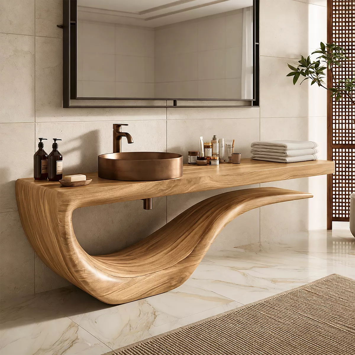 Sculptural Floating Solid Wood Bathroom Vanity With Wave Base And Open Shelf Storage