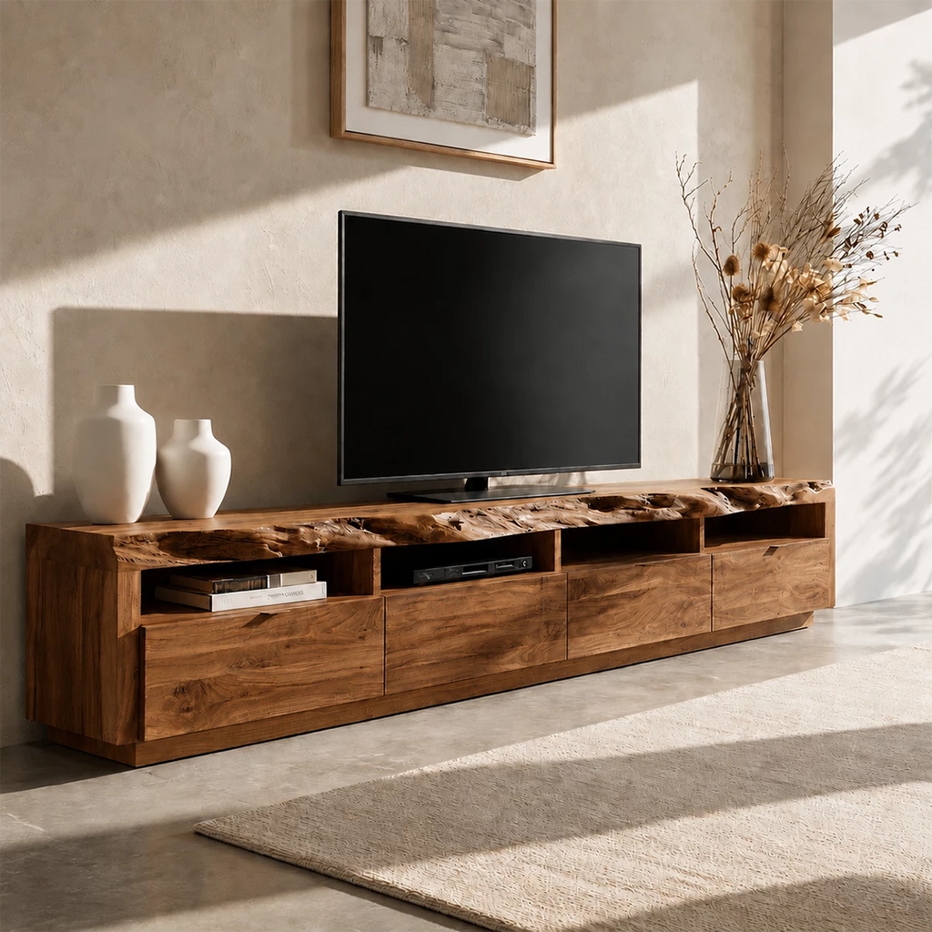 Natural Solid Wood TV Stand with Four Drawers and Open Media Shelves