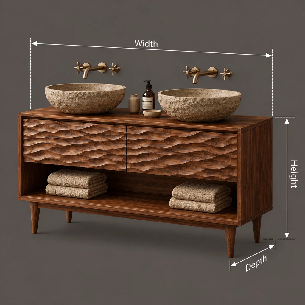 Natural Solid Wood Double Vanity with Carved Drawers and Open Shelf