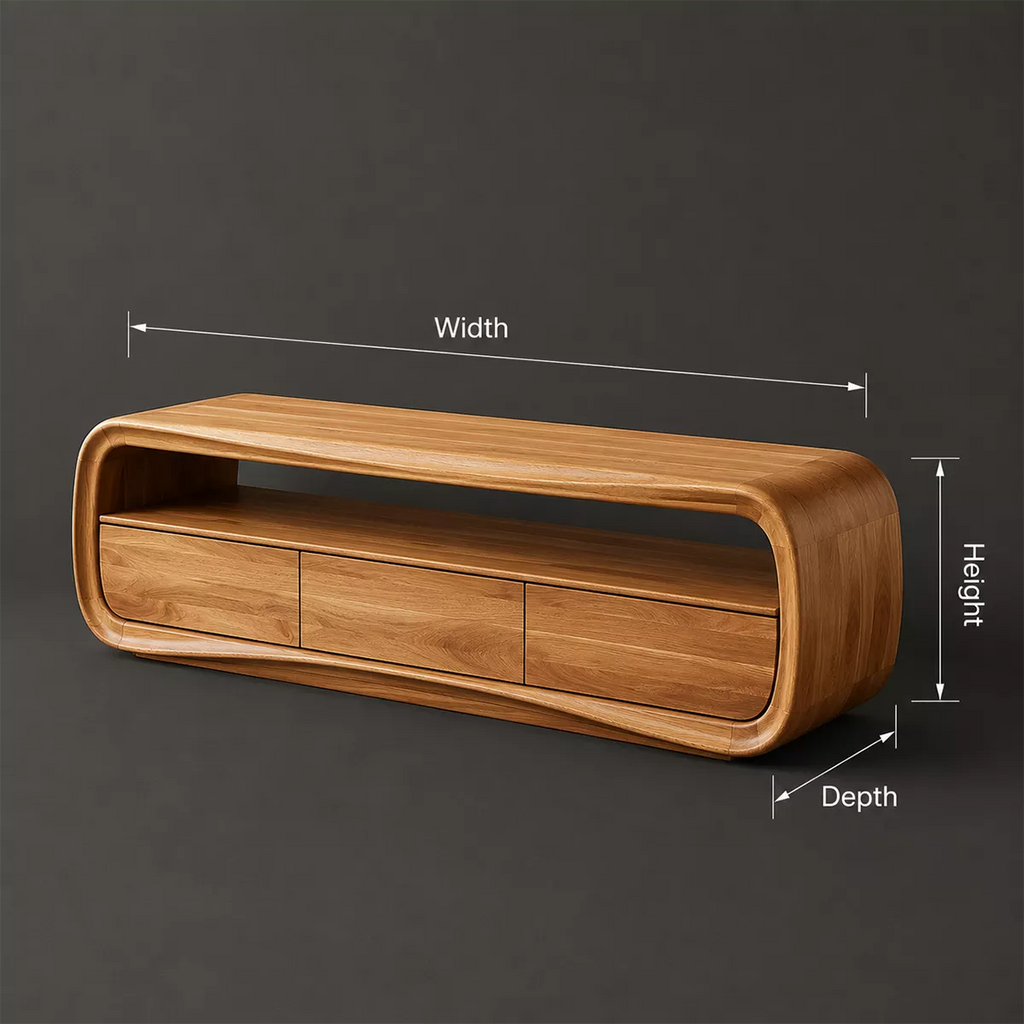 Rounded Oak Wood TV Stand With Open Media Shelf And Hidden Drawer Storage For Living Room