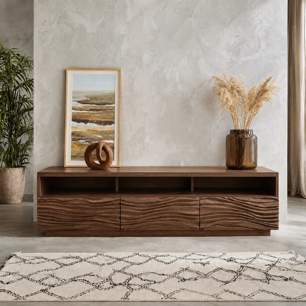 Wave Front TV Stand with Sculpted Storage and Open Display Shelf
