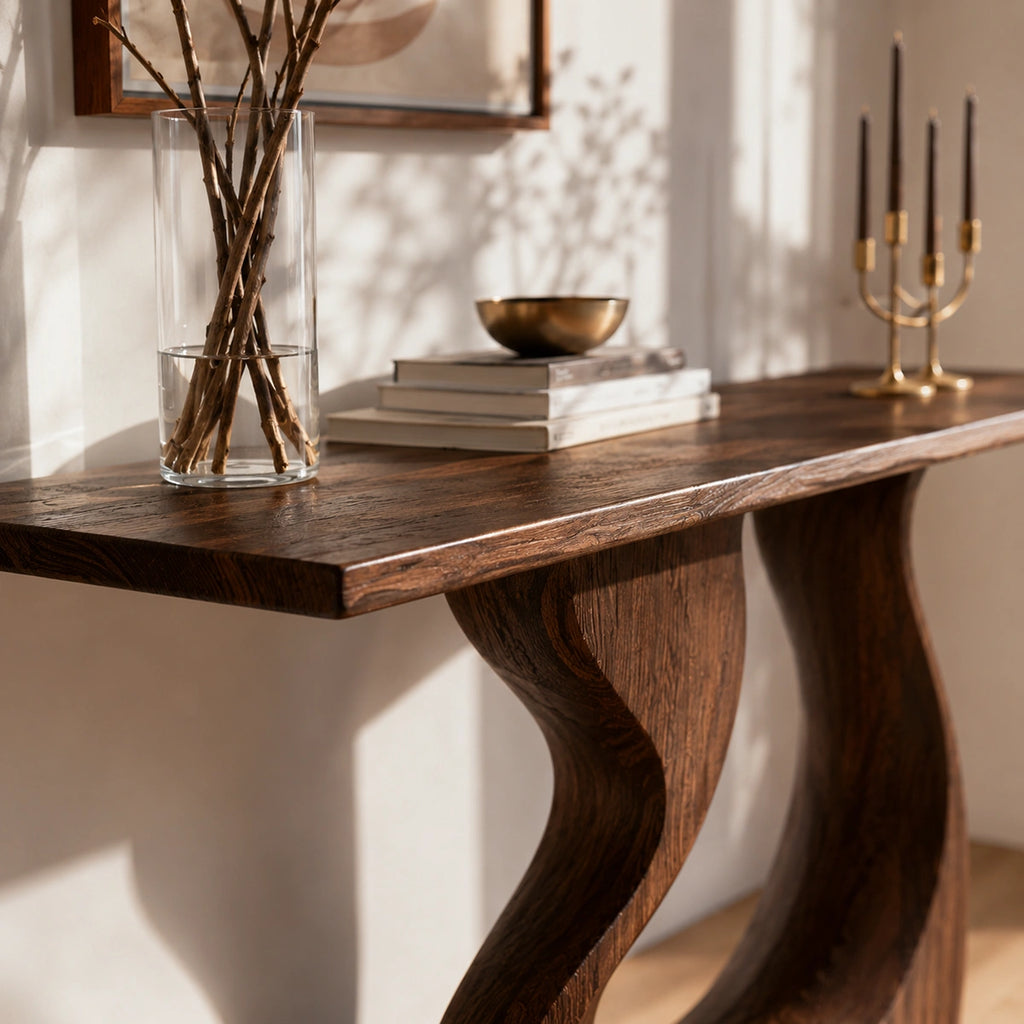 Sculptural Solid Wood Console Table with Curved Base