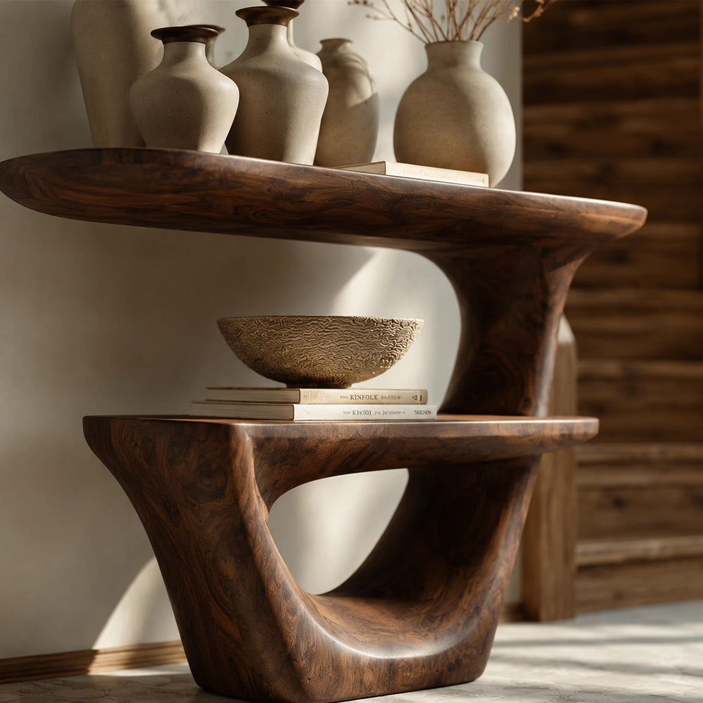 Sculptural Solid Wood Console Table with Open Shelf