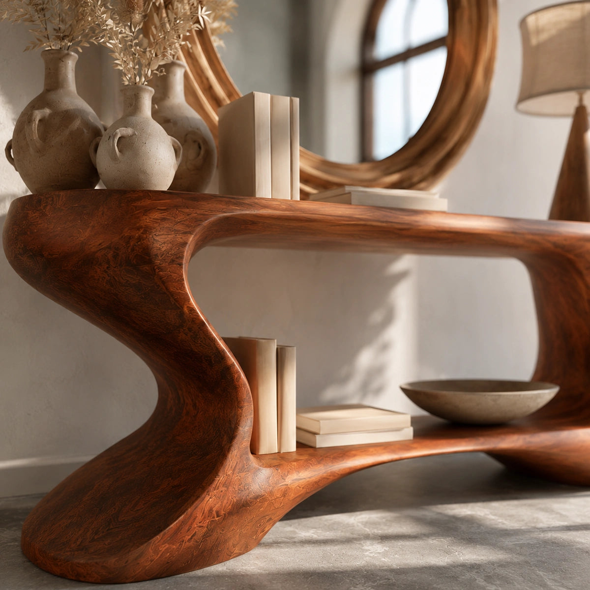 Sculptural Solid Wood Console Table with Open Shelf