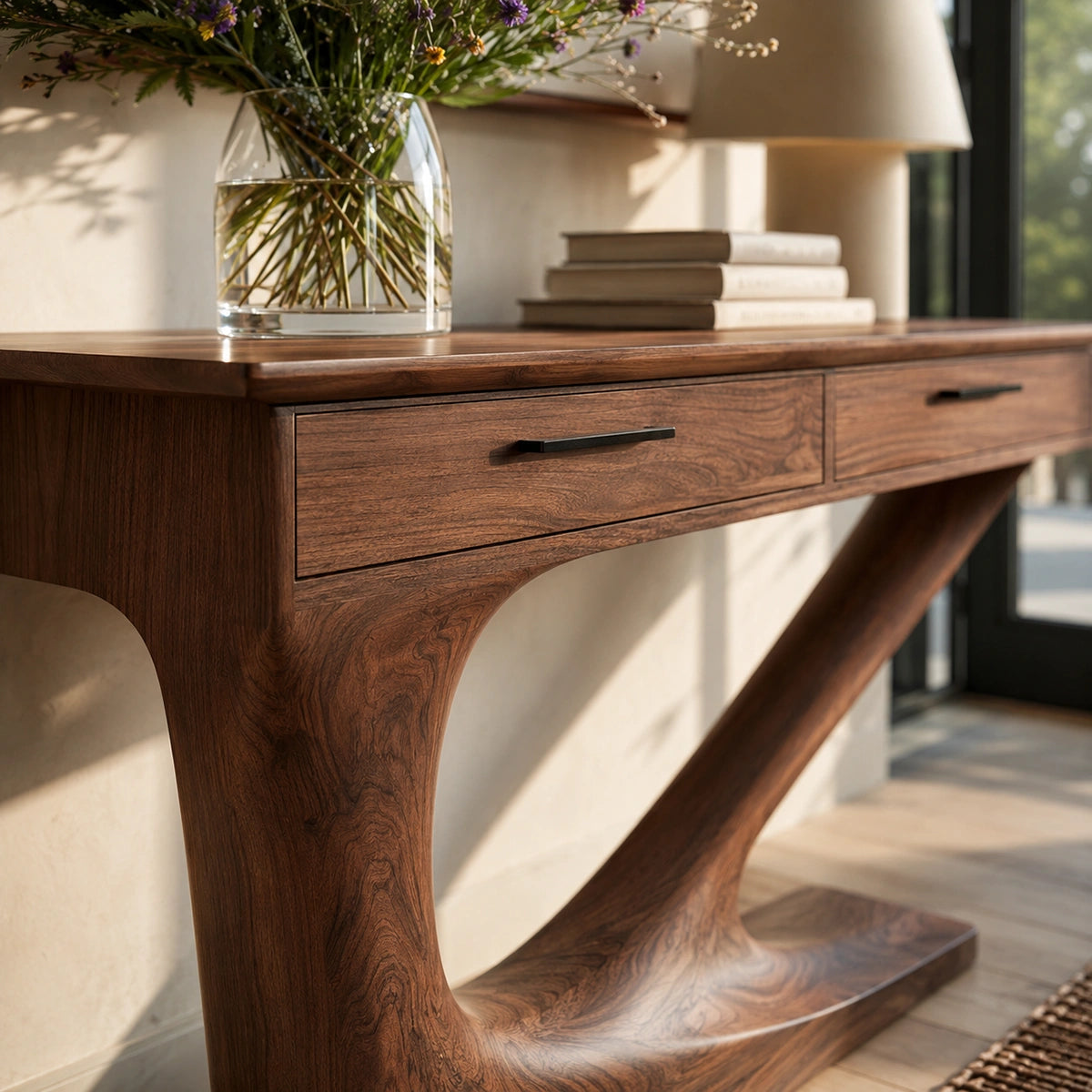Solid Wood Console Table with Drawers and Sculptural Base