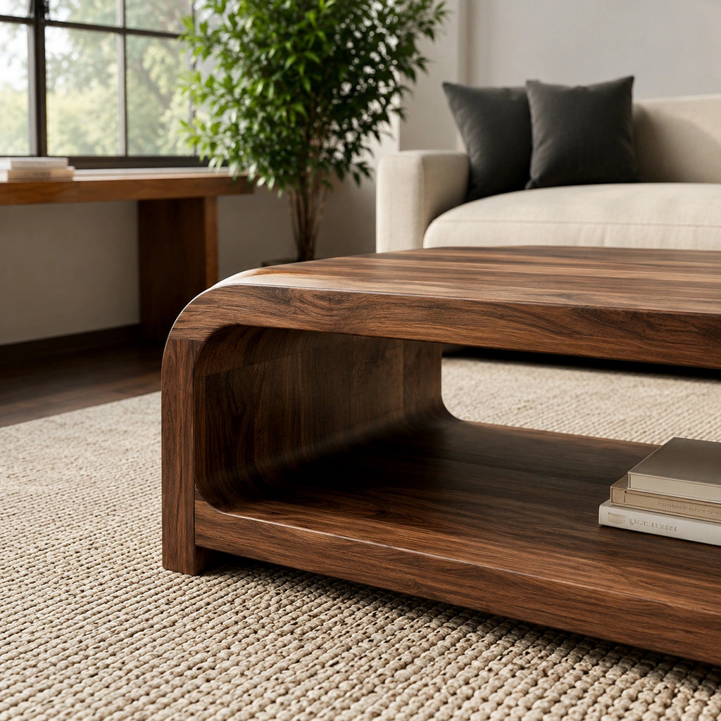 Modern Solid Walnut Waterfall Coffee Table with Open Storage | Minimalist Living Room Table
