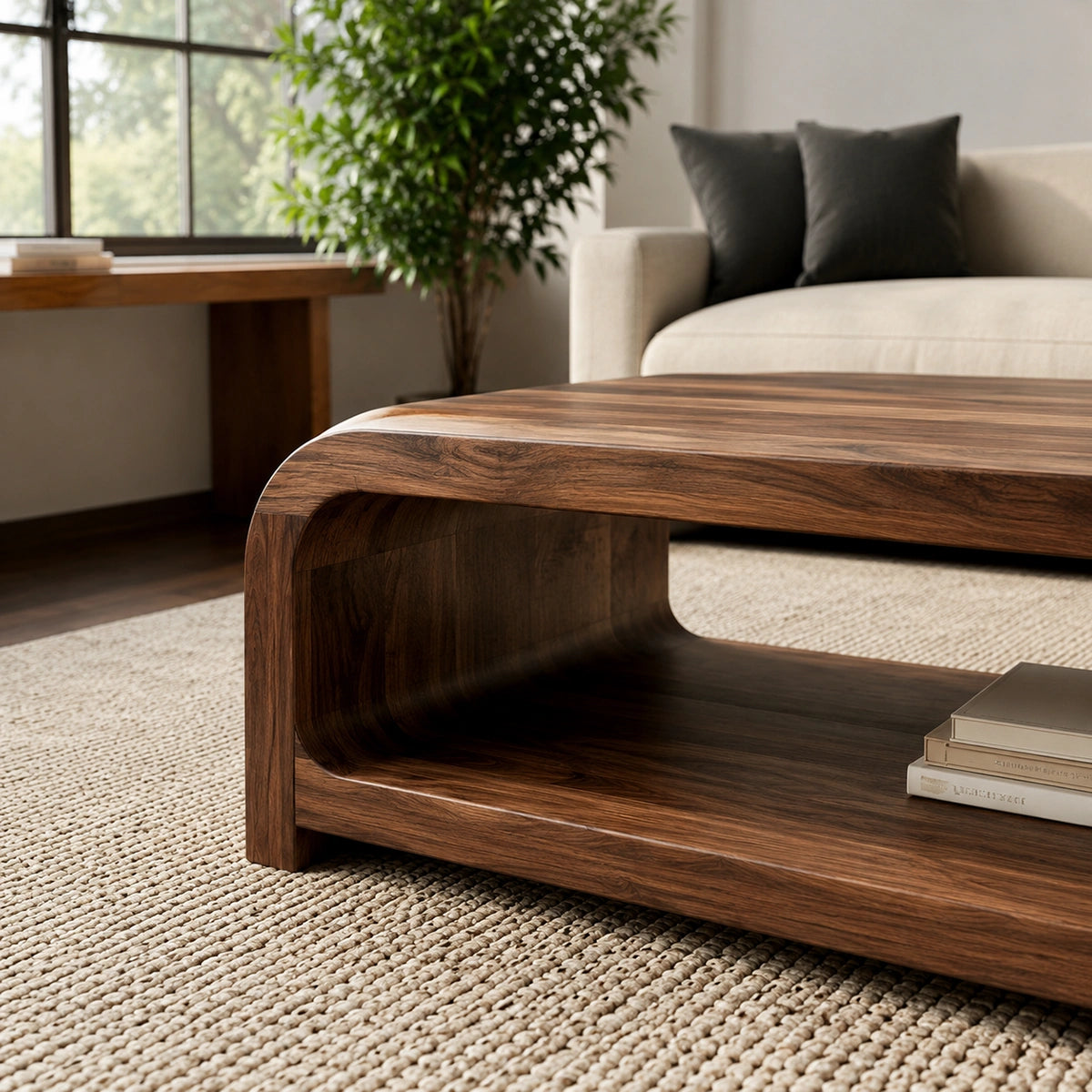 Modern Solid Walnut Waterfall Coffee Table with Open Storage | Minimalist Living Room Table