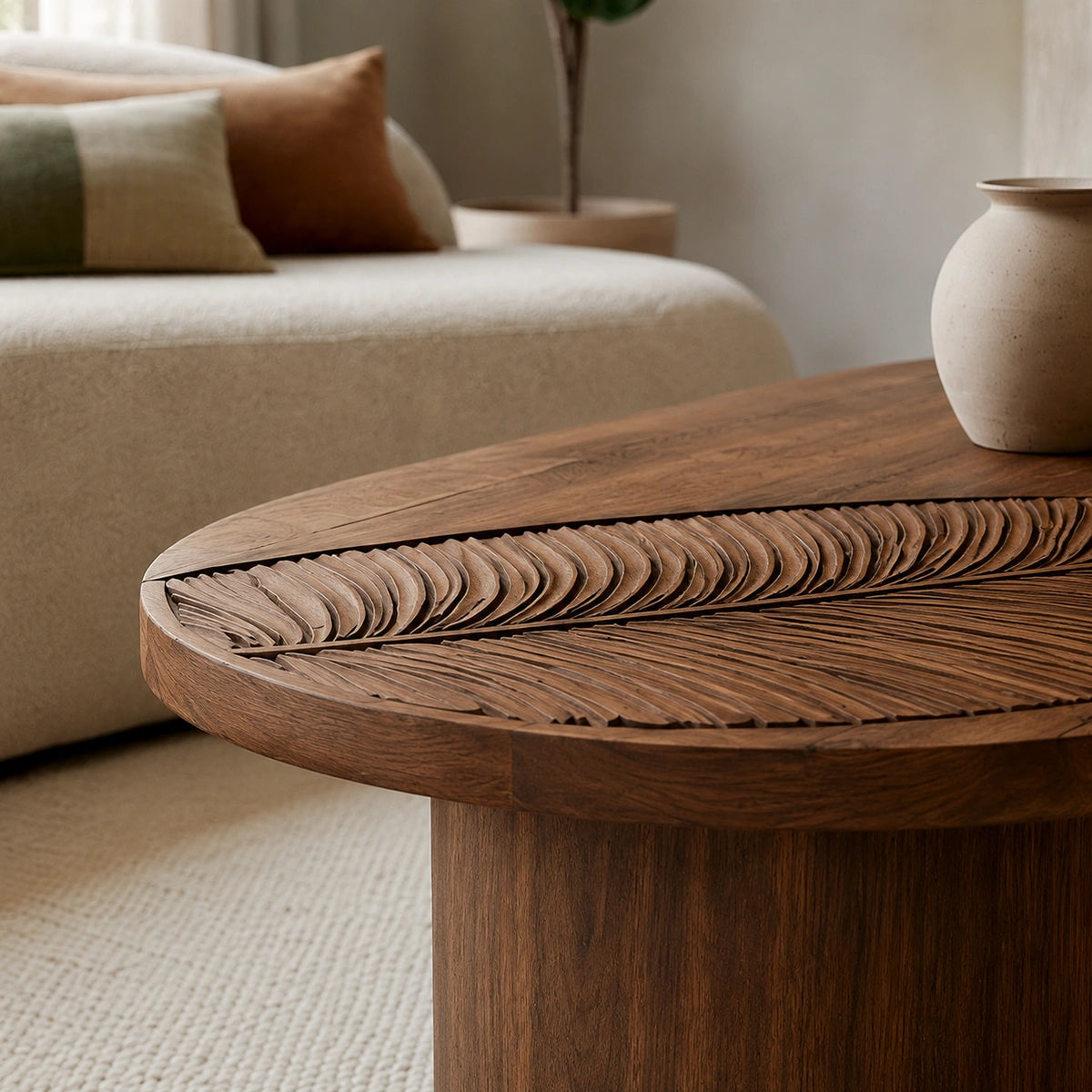 Handcrafted Solid Walnut Oval Coffee Table | Leaf Carved Modern Coffee Table for Living Room