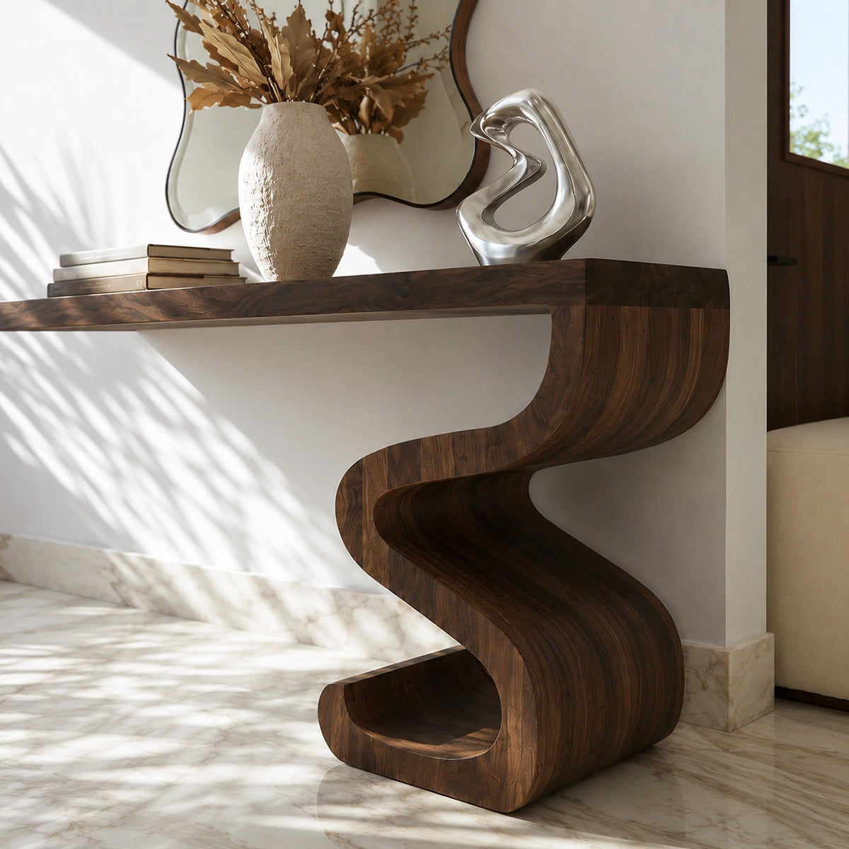 Sculptural Solid Wood Console Table with Curved Base