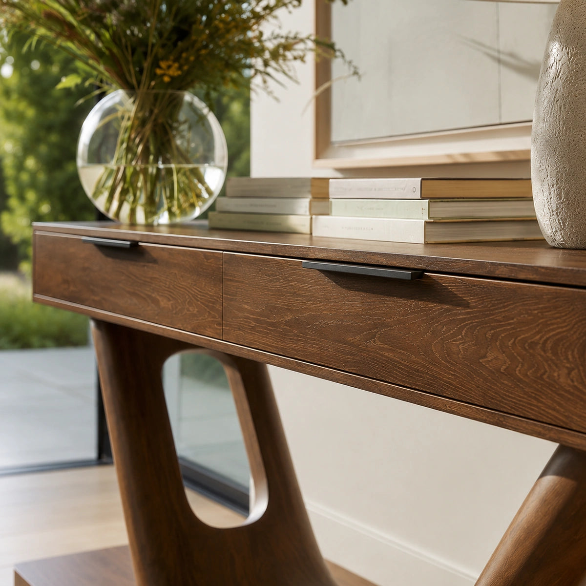 Modern Solid Walnut Console Table with Drawers | Sculptural Entryway Sofa Table