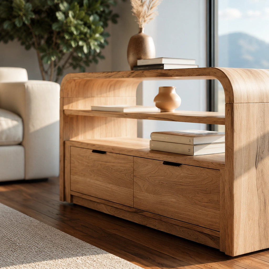 Solid Wood Sideboard Cabinet with Drawers and Open Shelves