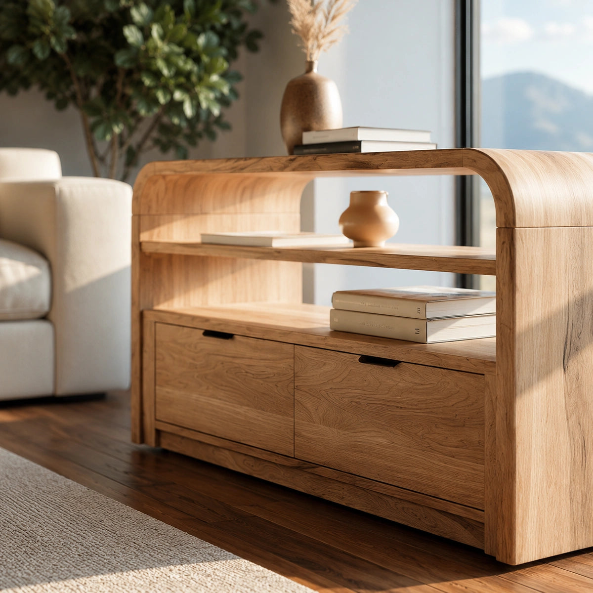 Solid Wood Sideboard Cabinet with Drawers and Open Shelves