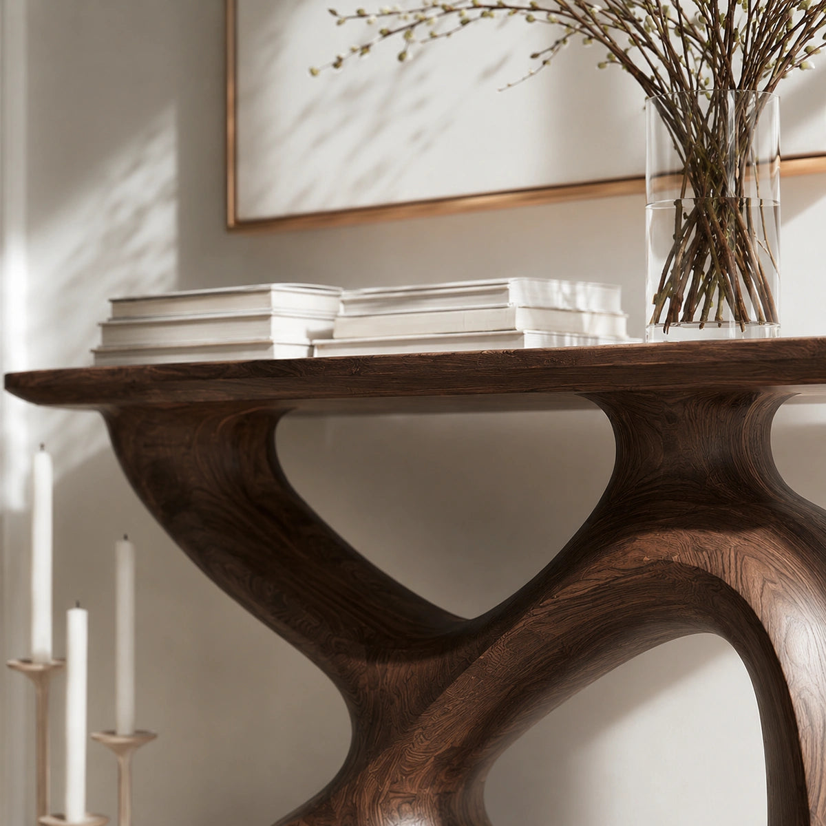 Sculptural Solid Wood Console Table with Organic Open Base