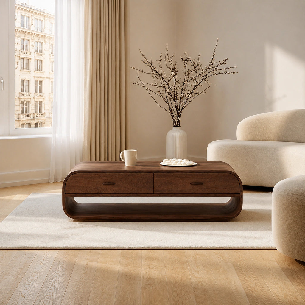 Natural Solid Wood Coffee Table with 2 Drawers – Rounded Modern Style