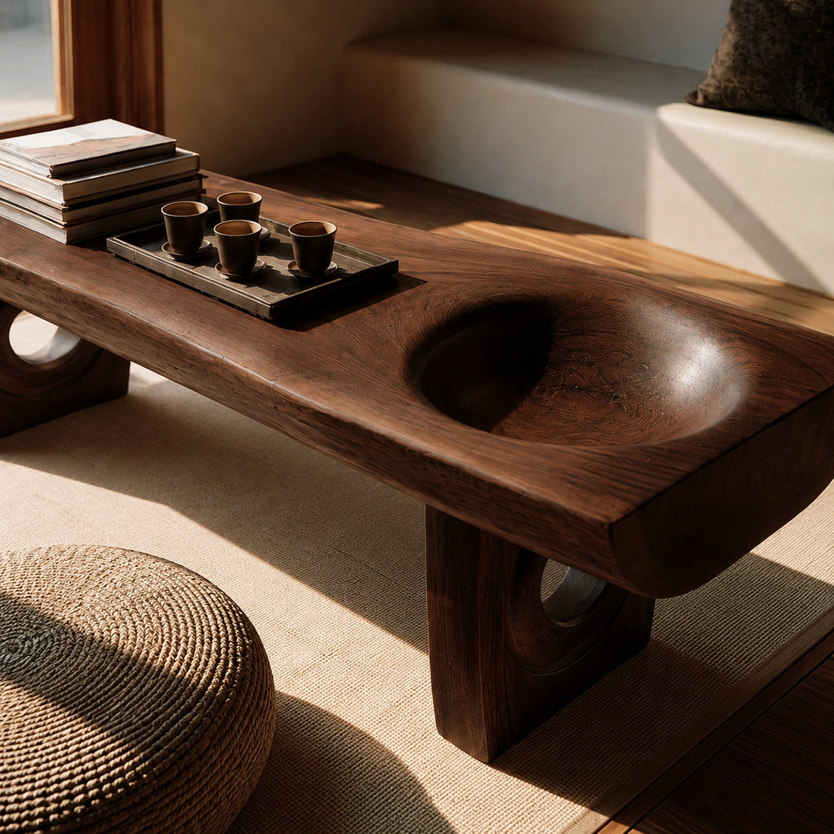 Handcrafted Solid Walnut Coffee Table with Carved Bowl | Sculptural Modern Living Room Table