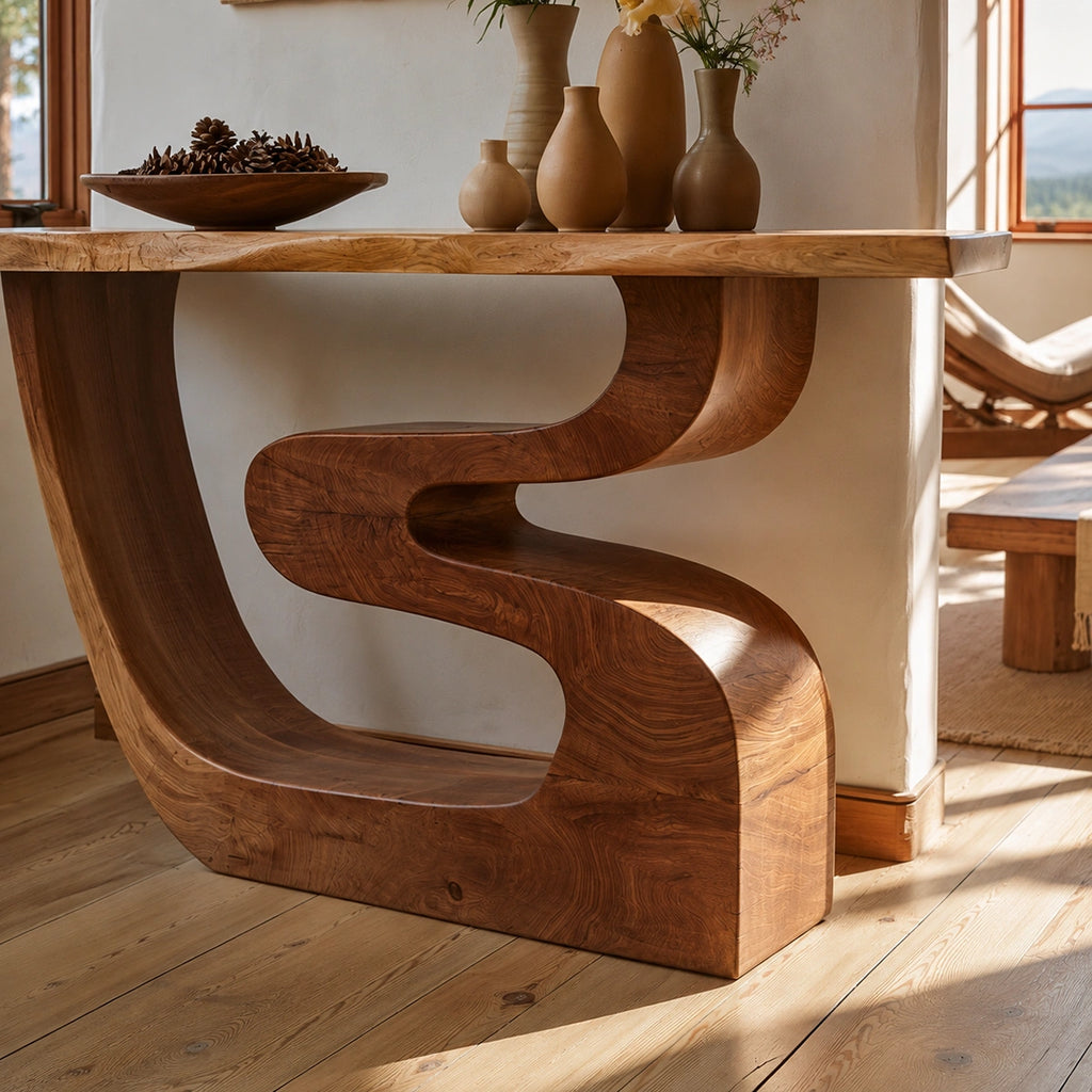 Sculptural Solid Wood Console Table with Curved Base