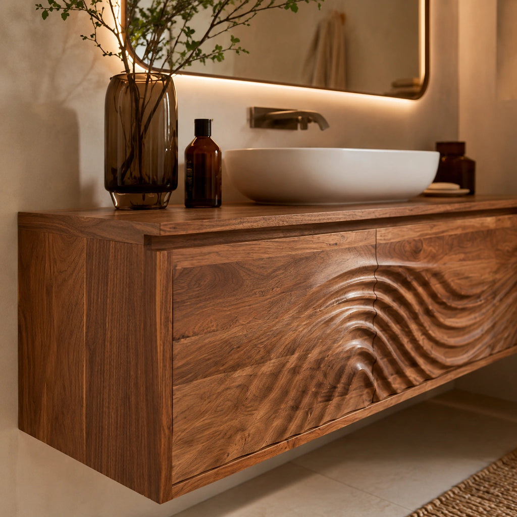 Natural Solid Wood Bathroom Cabinet – Wave Front Modern Style