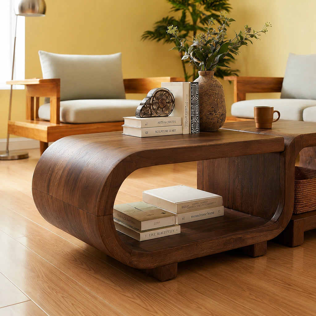 Modern Solid Walnut Nesting Coffee Table Set | Curved Wood Coffee Tables with Open Storage