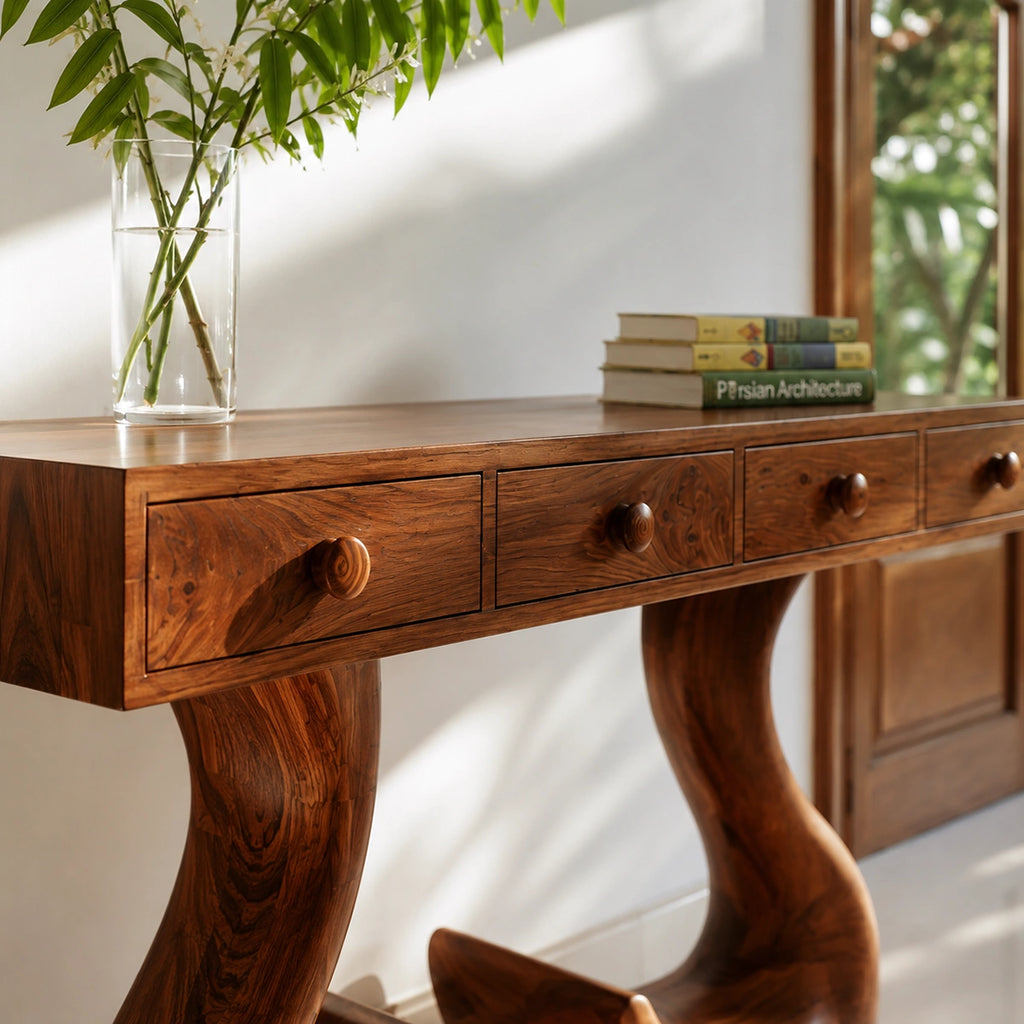 Solid Wood Console Table with Drawers and Sculptural Legs