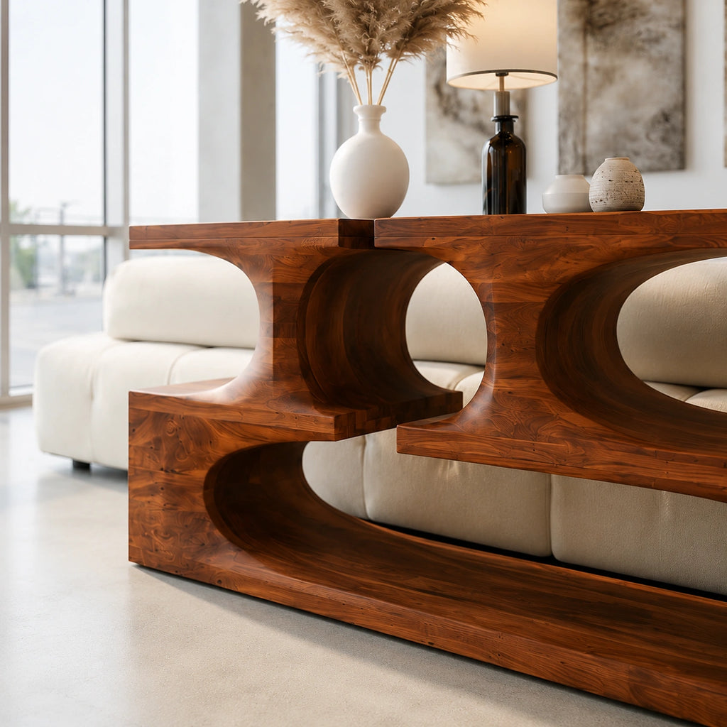 Sculptural Solid Wood Console Table with Open Shelves