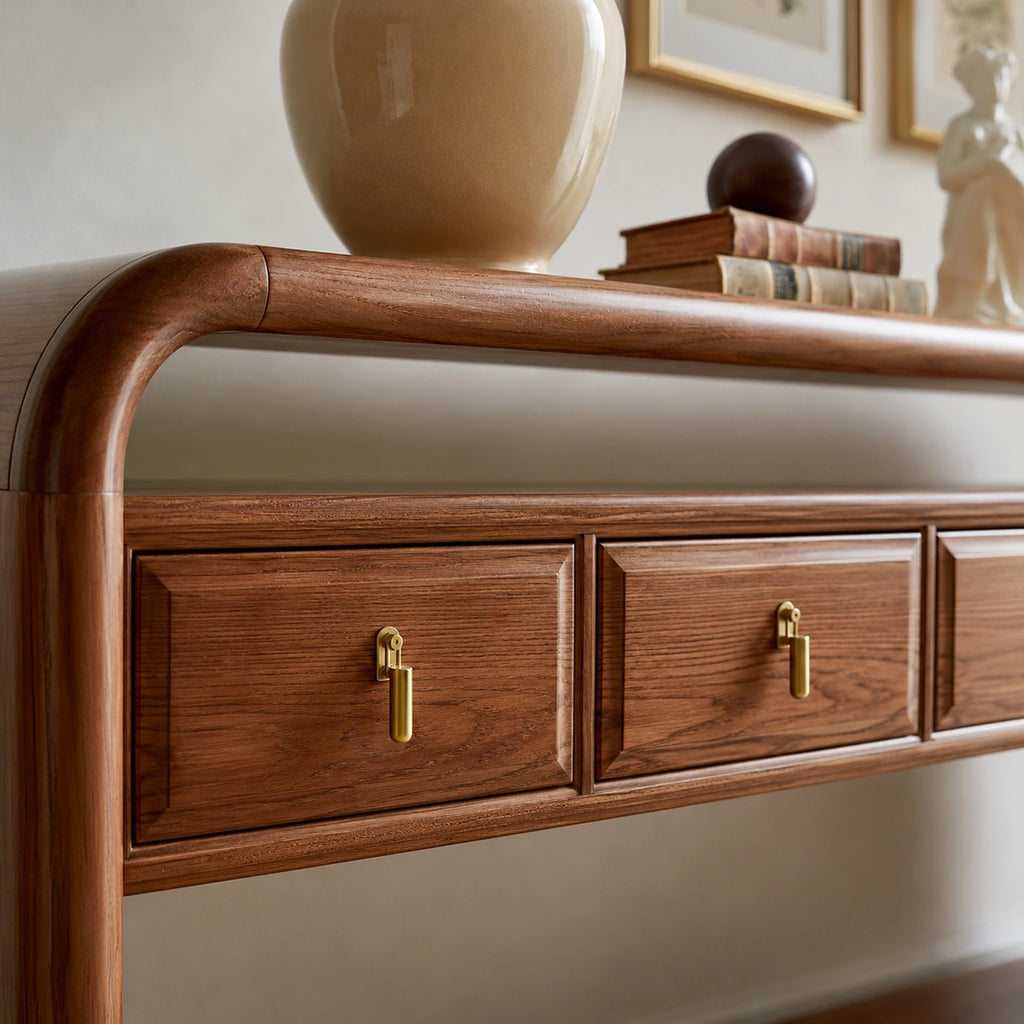 Solid Wood Console Table with Drawers and Open Shelf