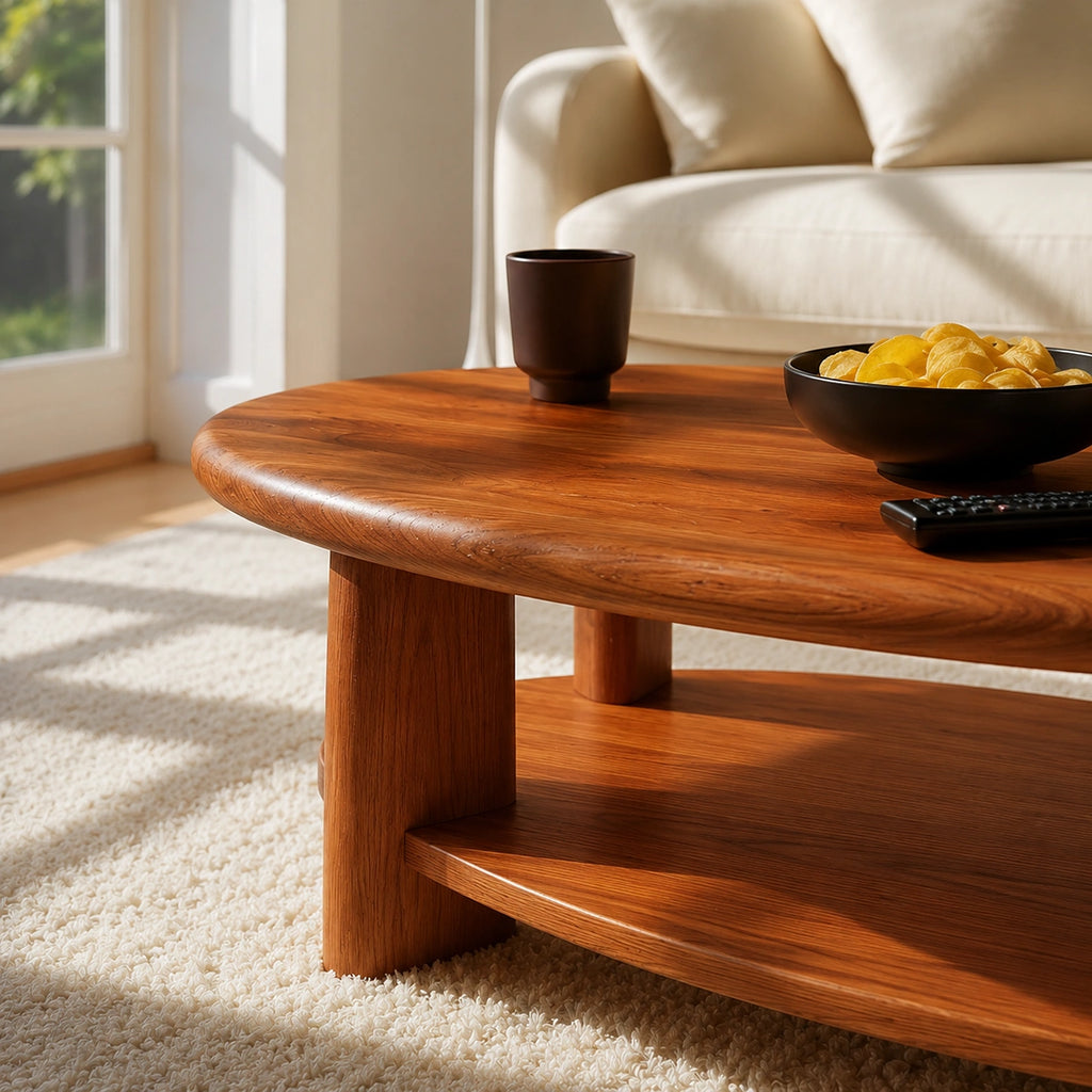 Modern Solid Walnut Round Coffee Table with Open Storage Shelf | Minimalist Living Room Table